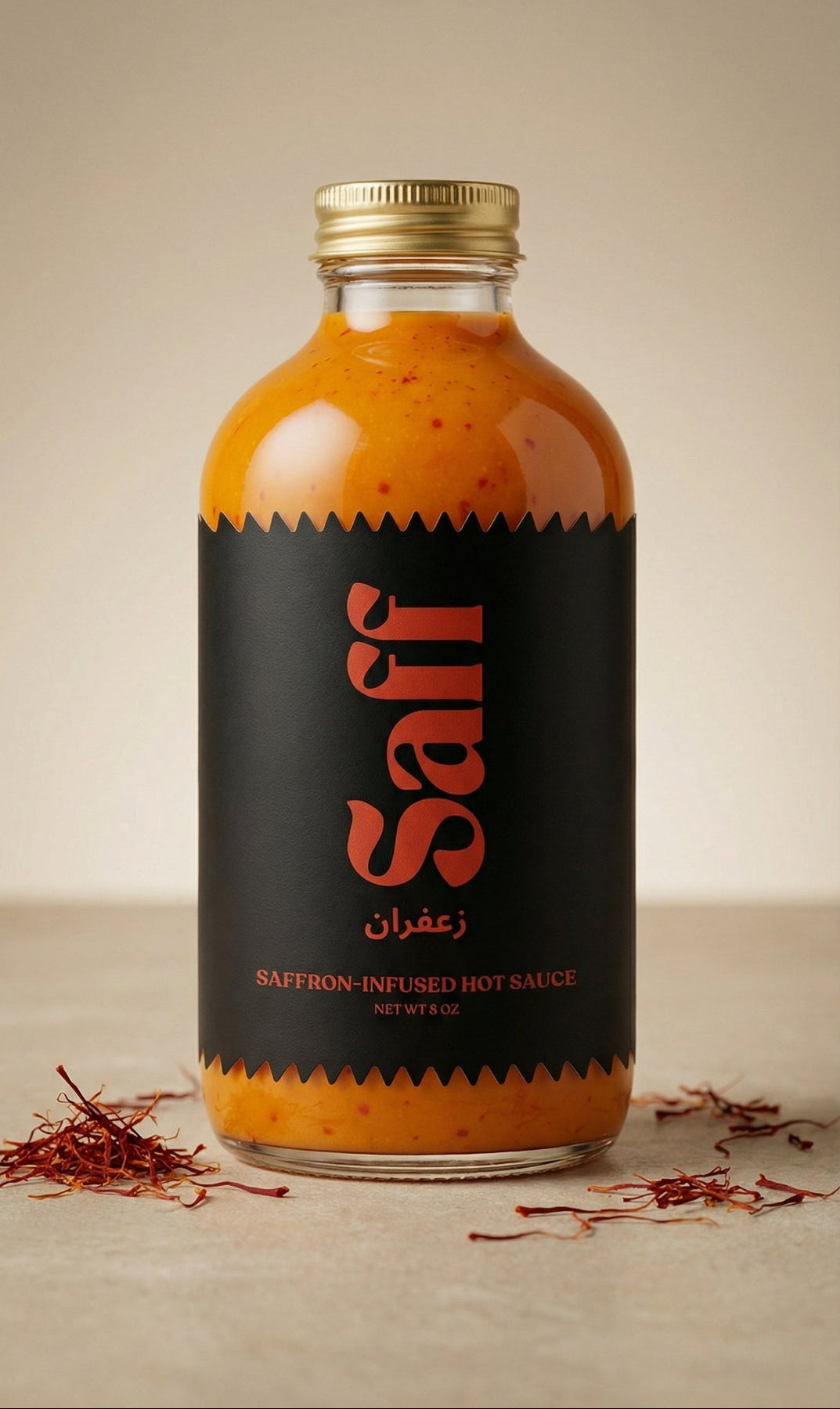 Bottle of Saff saffron-infused hot sauce on a neutral background